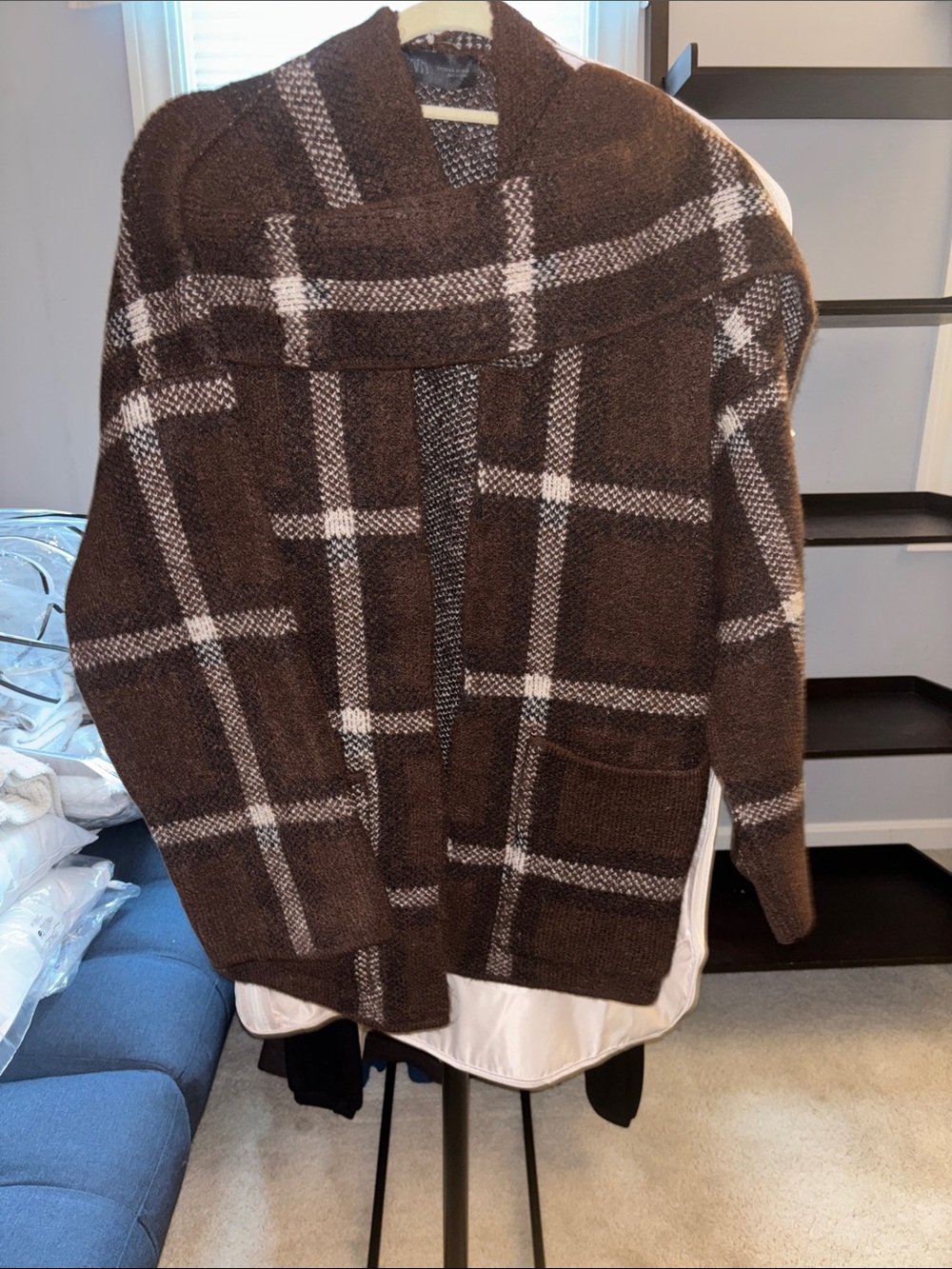 Zara Brown and Cream Plaid Shawl Collar Cardigan
